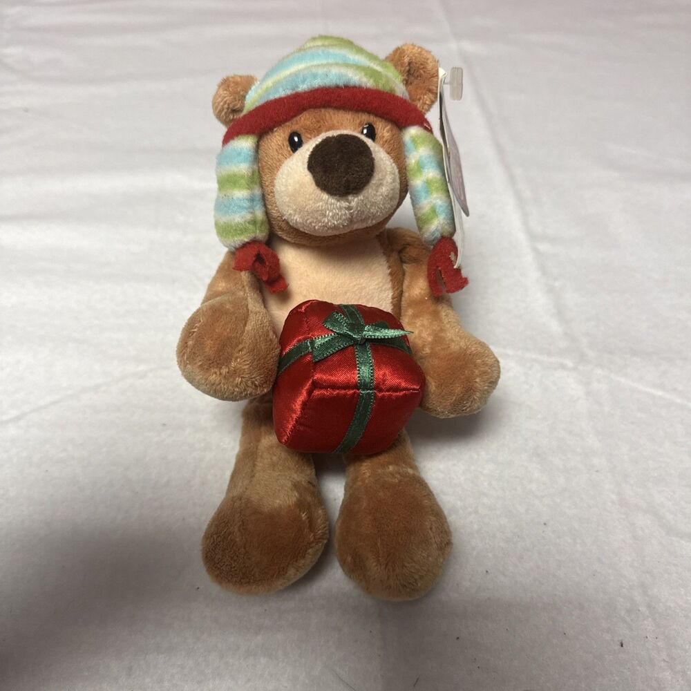 Gund Christmas Flapadoodles Bear Plush Bean Bag Present Striped Hat 9”